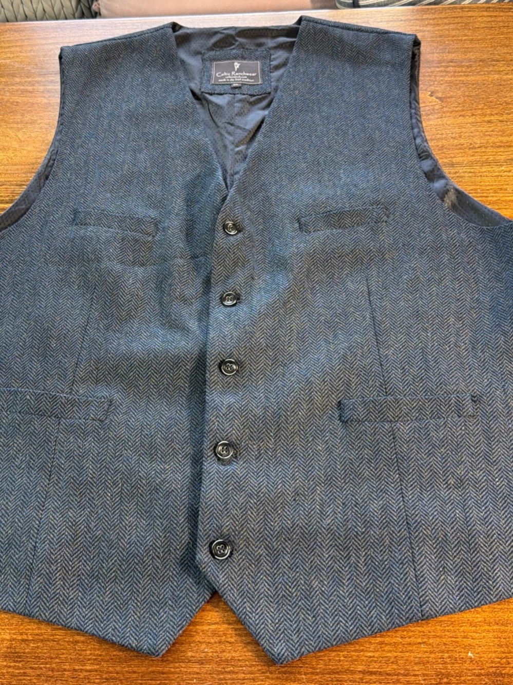 Navy Herringbone Men's Vest Wool Blend